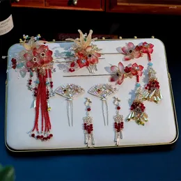 Hair Clips Chinese Red Flower Tassel Hairpin Ear Clip Set Bridal Headdress Gown Cheongsam Wedding Accessories