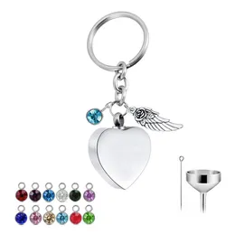 Nyckelringar 12 färger Angel Wing Charm Cremation Ashes smycken Souvenir Keychain Heart Shape Memorial Urn med Birthstone Crystal Drop Otwu2