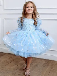 blue sequined Flower Girls Dresses For Weddings Scoop Ruffles Lace Tulle Pearls Backless Princess Children Wedding bling long sleeves Birthday Party prom Dresses