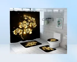 Shiny Blue Golden Rose Watertproof Dowch Craphin Set Toalett Cover Mat Nonslip Bath Rugs Badrum Valentine039S Day Christmas DE7209423