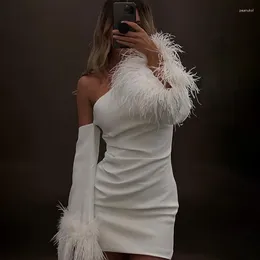 Casual Dresses Feathers Flare Long Sleeve Mini Dress Sexy Elegant Slim One Shoulder Vestidos 2024 Spring Fashion Female Club Party