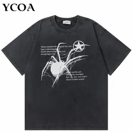 Men T-Shirt Streetwear Hip Hop Oversized Y2k Washed Black Spider Graphic Harajuku Gothic Vintage Cotton Tops Tees Loose Clothes 240124