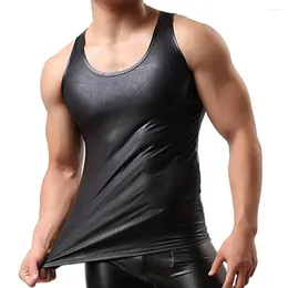 Herren Tank Tops Herren Bluse Fit T-Shirt Unterhemd Schwarz Helles Leder Wet Look Crop Top Kunstlack