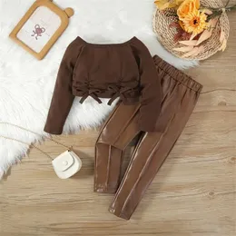 Clothing Sets Listenwind 2-7Y 2PCS Kid Girls Fall Caramel Outfits Long Sleeve Bow Front Crop Tops PU Leather Pants Set