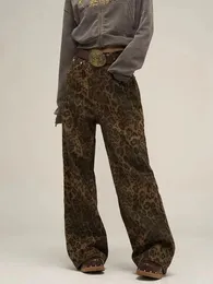 Houzhou Tan Leopard Jean Denim Pants 여성 오버 크기 넓은 다리 바지 스트리트웨어 힙합 빈티지 옷 느슨한 캐주얼 240129