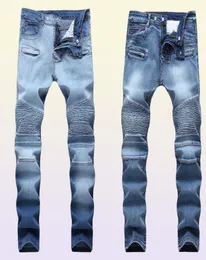 Men039s plissado motociclista calças de brim fino ajuste marca designer motocycle denim calças para masculino em linha reta lavado multi zíper x06218199308