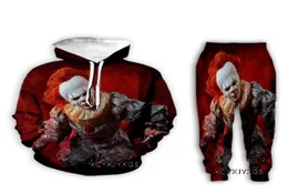 Novos Homens Mulheres Stephen King039s IT Pennywise Engraçado Impressão 3D Fatos de Treino Moda Hip Hop Moletom e Calças 2 Pcs Set Hoodies8155714