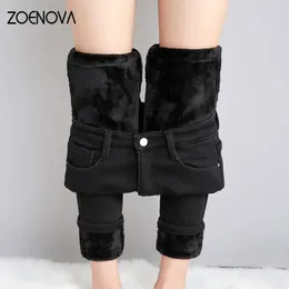 Zoenova Kadınlar Kalın Velvet Kot Polar Sıcak Kore Moda Yüksek Bel Sıska Elastik Pantolon Jean Sıradan Legging Kış 240131