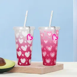 Water Bottles Color-changing Straw Cup 710ml Colour Changing Mug Set With Heart Pattern Keyring Pendant Drop-resistant For Valentine's