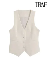 TRAF Women Fashion Front Button Fitted Waistcoat Vintage Sleeveless Welt Pockets Female Outerwear Chic Vest Tops 240125