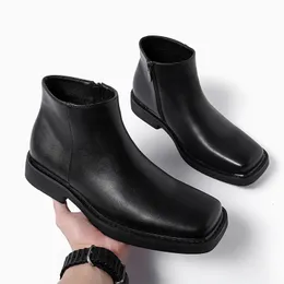 Мужские модные оригинальные кожаные ботинки, брендовые дизайнерские туфли с квадратным носком, весна-осень, ботинки «Челси», черные стильные ботинки на щиколотке, мужские 240126