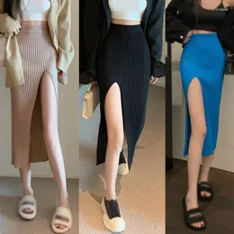 Kjolar kvinnor sexig split bodycon lång kjol elegant smal passform med hög midja kvinnlig ren lust flicka stickad elastisk klänning