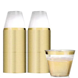 Golden Plastic Cup 9 oz Hard Disposable Cup Plastic Wine Glass Party Wedding Wine Glass Transparent Plastic Cup With Gold Rim 240122