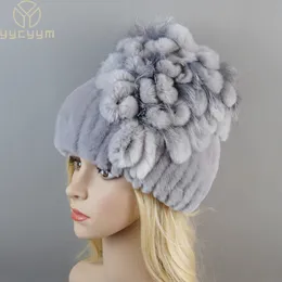 2024 marca feminina genuína rex coelho pele chapéus inverno rex pele de coelho gorros listrado topo flor pele de raposa quente pele real malha bonés 240123