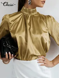 Kadınlar Blouses Celmia Kadın Saten Bluz 2024 Moda Zarif Tunik Slik Üstler Sonbahar Katı Yüksek Yakalı Gömlek Uzun Kollu Parti Blusas