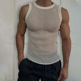 Fishnet Men Sexy Mesh Tank Tops Slim Transparent Tee Tops Manliga underkläder Sexig manlig väst ärmlös Top Underwear Male Underhirt 240202