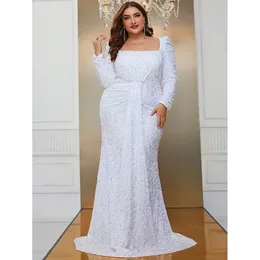 Plus Size Square Neck Sequin Luxury Long Glitter Evening Clown Big Size Women Wedding Banket White Sequin Evening Dress 240202