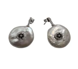 GuaiGuai Schmuck Natürliche 22MM Große Weiße Münze Keshi Perle Ohrringe Cz Pave Stud Handgefertigt Für Frauen8581200