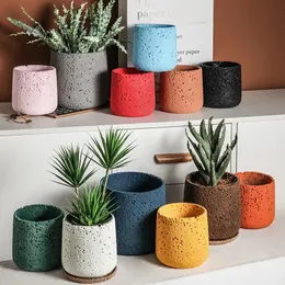 Nordic Cement Flower Pot Decoration Creative Mountain Stone Breattable Green Plant Potted With Tray Flowerpot 240127