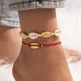 Anklets Tocona Boho Gold Color Shell Cowrie Anklet Set for Women Adjustable Handmade Rope Foot Chain Female Beach Party Jewelry Gifts YQ240208