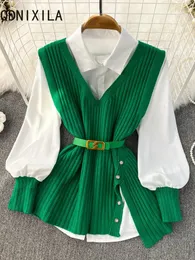 Camicia bianca sciolta a manica lunga top a cintura da donna fessura a fessura knit cothean a due pezzi set per donne blusa primavera 240123