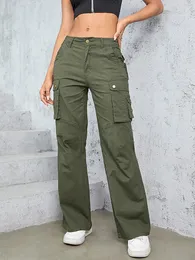 Women's Pants GILIPUR Vintage Streetwear Cargo High Waist Stretch Army Green Women Baggy Multiple Pockets Straight Wide Leg Trousers Y2K