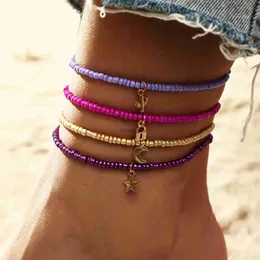 Anklets 4pcs Boho Multicolor Rice Bead Anklet for Women Lock Star Moon Pendans Barefoot Sandals Bracelets Anklet Chains Girls Jewelry Jewelry YQ240208