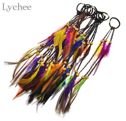 Lychee Boho dreadlock Beads Colorful Feather Elastic Hair Ring Hair Extension Faux Braids Hairwear Jewelry for Men Women3890937