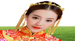 Klasik Tavar Çin tarzı Düğün Saç Aksesuarları Phoenix Coronet Altın Renk Saçkopları Küpe Gelin Crown JCE0672870606