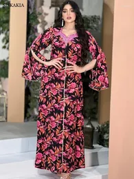 Ethnic Clothing Siskakia Moroccan Jalabiya Muslim Fashion Print Abaya Dresses Colored Rhinestones Tape Trim Light Luxury Retro Robe Dubai