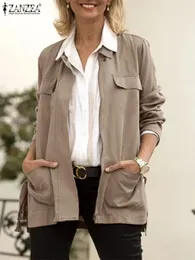 ザンゼア女性ソリッドジャケットファッションラペルカラーコートスプリングカジュアルルーズポケットジッパーアウトウェア長スリーブサイドスリットコート240122