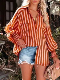 Kvinnors blusar 2024 Spring Fall Lantern Sleeve Striped Shirt Blue Women Lapel Button Loose Shawl Cover-Ups Elegant Beach Bikini Cover Up