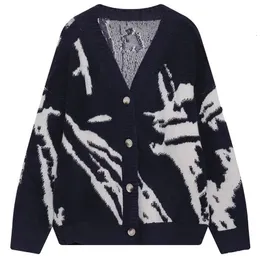 Американский винтажный флокированный кардиган Вязаный свитер Мужская одежда Свободные зимние кардиганы больших размеров Пальто Y2k Хип-хоп Уличная одежда 240130