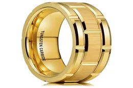 8MM Mens Luxurious Gold Tungsten Carbide Ring Double Groove WatchBand Brushed Steel Rings Wedding Engagement Jewelry Gift5935523