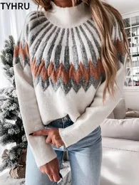 TYHRU Womens Autumn Winter Casual Sweater Highneck Knitting Long Sleeve contrast color Loose Tops Pullover soft warm Jumper 240130