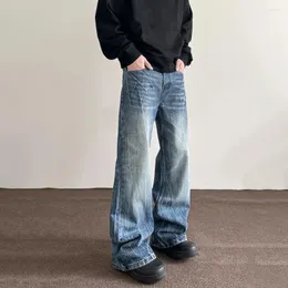 Jeans masculinos masculinos calças de rua de rua e penteado azul solto de perna lisa vintage