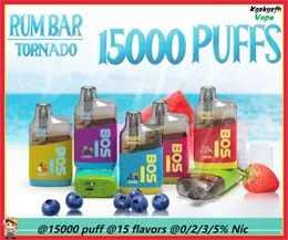 Rum Bar Tornado 15000 Puffs Einweg E -Zigaretten 15K Puff Mesh Spule wiederaufladbare Vapes 2% 3% 5% 15 Farben Puff 15000 VAPER