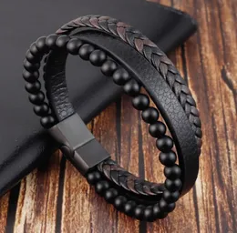 bangle Fashion Natural stone Magnetic button leather braided bracelet men039s titanium steel jewelry Nice gift2685467