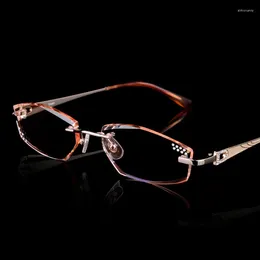Óculos de sol quadros marca design titânio óculos sem aro mulheres diamantes decorações lentes claras feminino óculos míopes/óculos presbiópicos