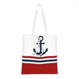 Shopping Bags Cute Printing Nautical Blue Anchors With Stripes Tote Reusable Canvas Shopper Shoulder Sailing Sailor Handbag