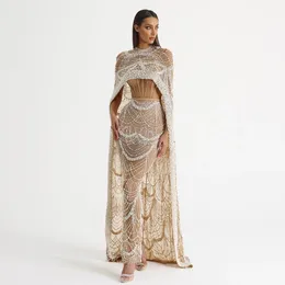 Sharon disse luxo pérolas dubai champanhe vestidos de noite com capa árabe mulheres sereia festa de casamento vestido de baile ss369 240201