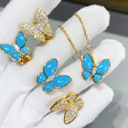 Hög kvalitet 925 Sterling Silver Blue Turquoise Butterfly Necklace Earrings Womens Set Fashion Party Gift Luxury Brand Jewelry 240202