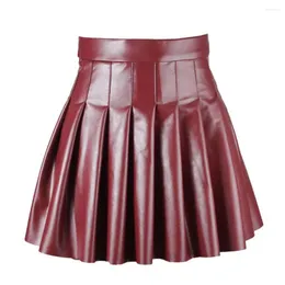 تنورات High Weist Skirt Club Faux Leather مطوية للنساء A-Line Clubwear Party Mini مع تنحنح فضفاض