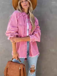 Kvinnors jackor 2024 flickor söt rosa lös lös skjorta jacka kvinna casual mjuk knapp denim skjortor damer chic solid ficka