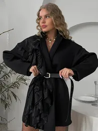 Fashionable stacked pleated applique womens coat lace lapel long sleeved jacket 2024 womens elegant street jacket 240208