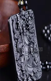 Wunderschöne chinesische Handarbeit aus natürlichem schwarzem Obsidian, geschnitztes Schwert GuanGong Glücksamulett Anhänger Perlen Halskette Modeschmuck 02159341268