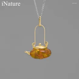 Hängen Inature Natural Amber Pendant Necklace For Women Vintage TEAPOT DESIGN 925 Sterling Silver Chain Jewelry Accessories