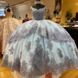 Sky Blue Ball Grow Dress Quinceanera Dress 2024 Lace Hopique Beads Tull Long Train XV Princess Vestidos de 15 Anos Sweet 16 Dress