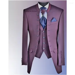 남자 양복 도착 특별 디자인 스탠드 칼라 슬림 핏 남자 3 조각 턱시도 정식 블레이저 남자 턱시도 웨딩 신랑복