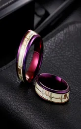 Anel de casal luminoso 8mm 6mm brilhante batimento cardíaco ecg anel de casamento roxo brilhando amor no escuro2300986